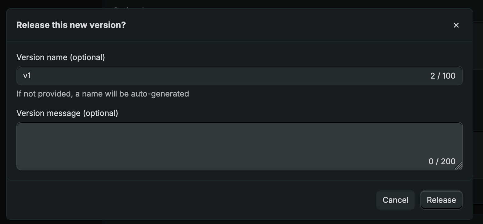 Shopify release version dialog for the Loupe Factory app.