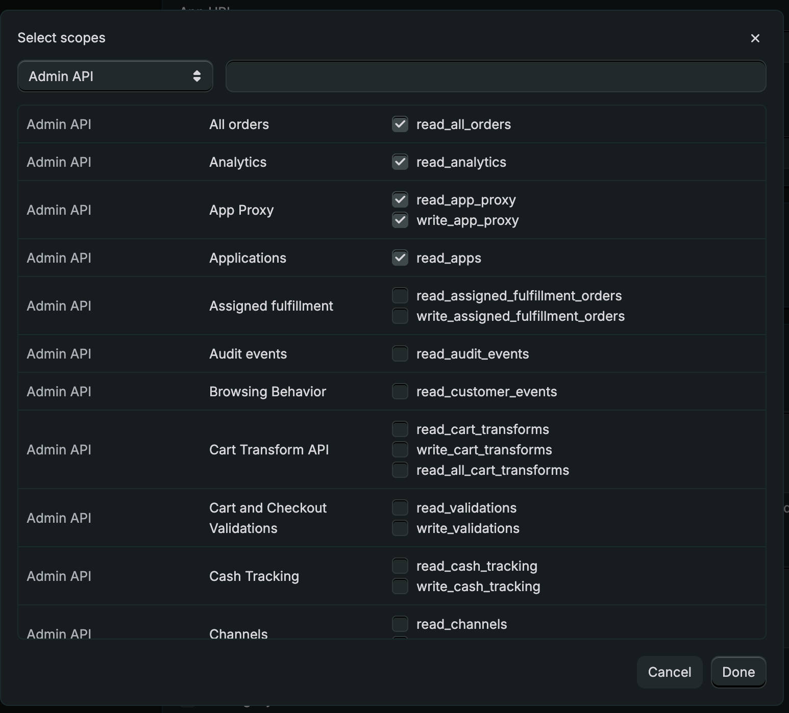 Shopify Select scopes dialog for Admin API permissions.
