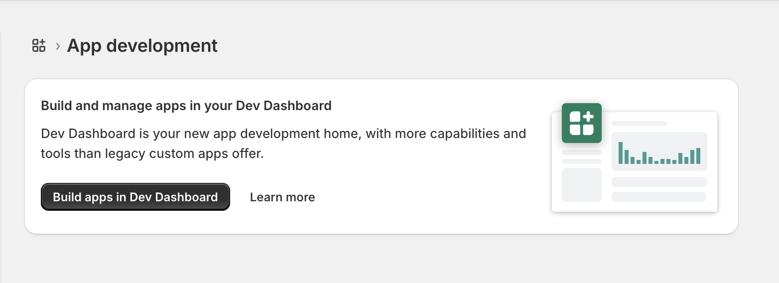 Shopify App development screen with the Build apps in Dev Dashboard button.