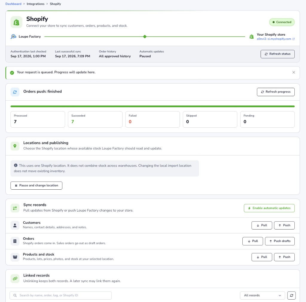 Loupe Factory Shopify page showing a Connected store, Sync progress, Locations and publishing, Sync records, and Linked records.