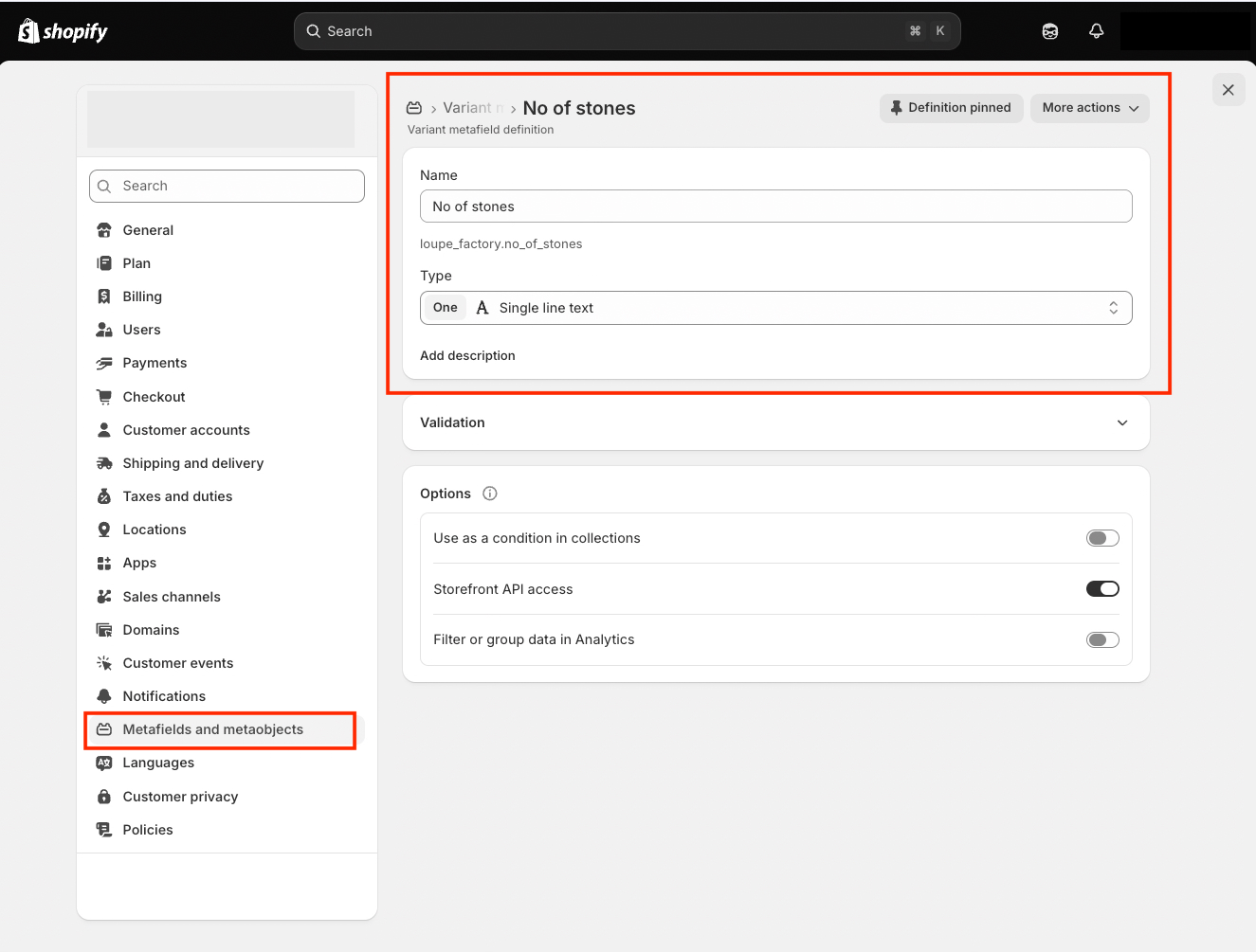 Shopify variant metafield definition for No of stones, showing the loupe_factory.no_of_stones key and Single line text type.