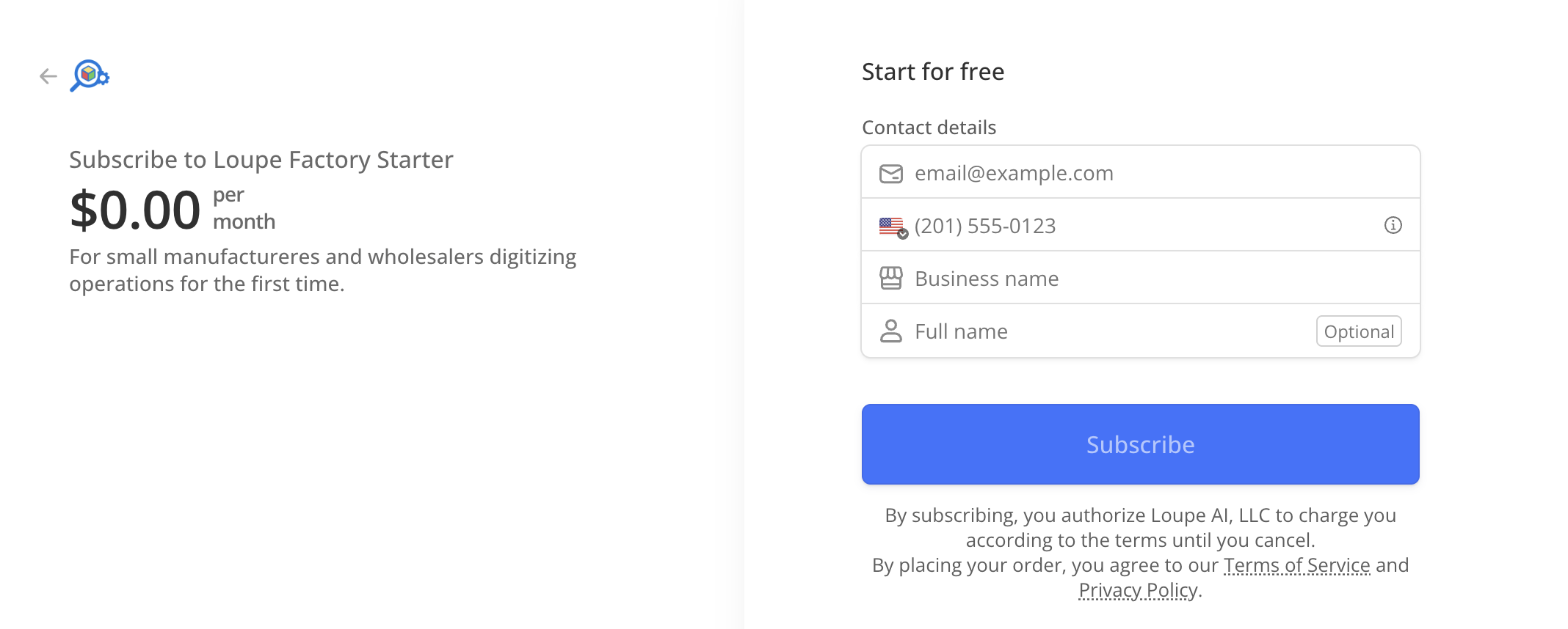 Loupe Factory sign-up screen showing the email and password fields.