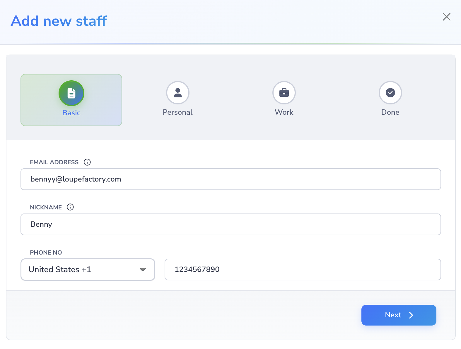 Loupe Factory Add Staff modal showing the Basic step with nickname, staff email, and phone number fields.