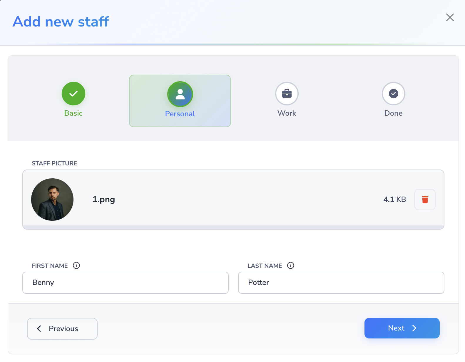 Loupe Factory Add Staff modal showing the Personal step with avatar, first name, and last name fields.