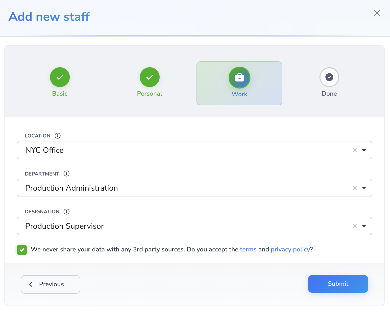 Loupe Factory Add Staff modal showing the Work step with location, department, designation, and terms confirmation.