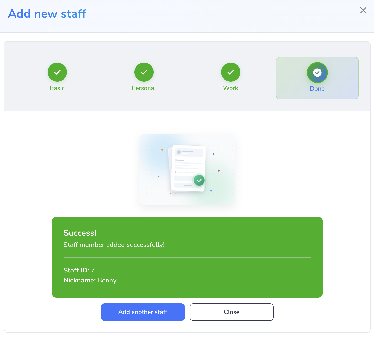 Loupe Factory Add Staff modal showing the Done step after a staff record is created.