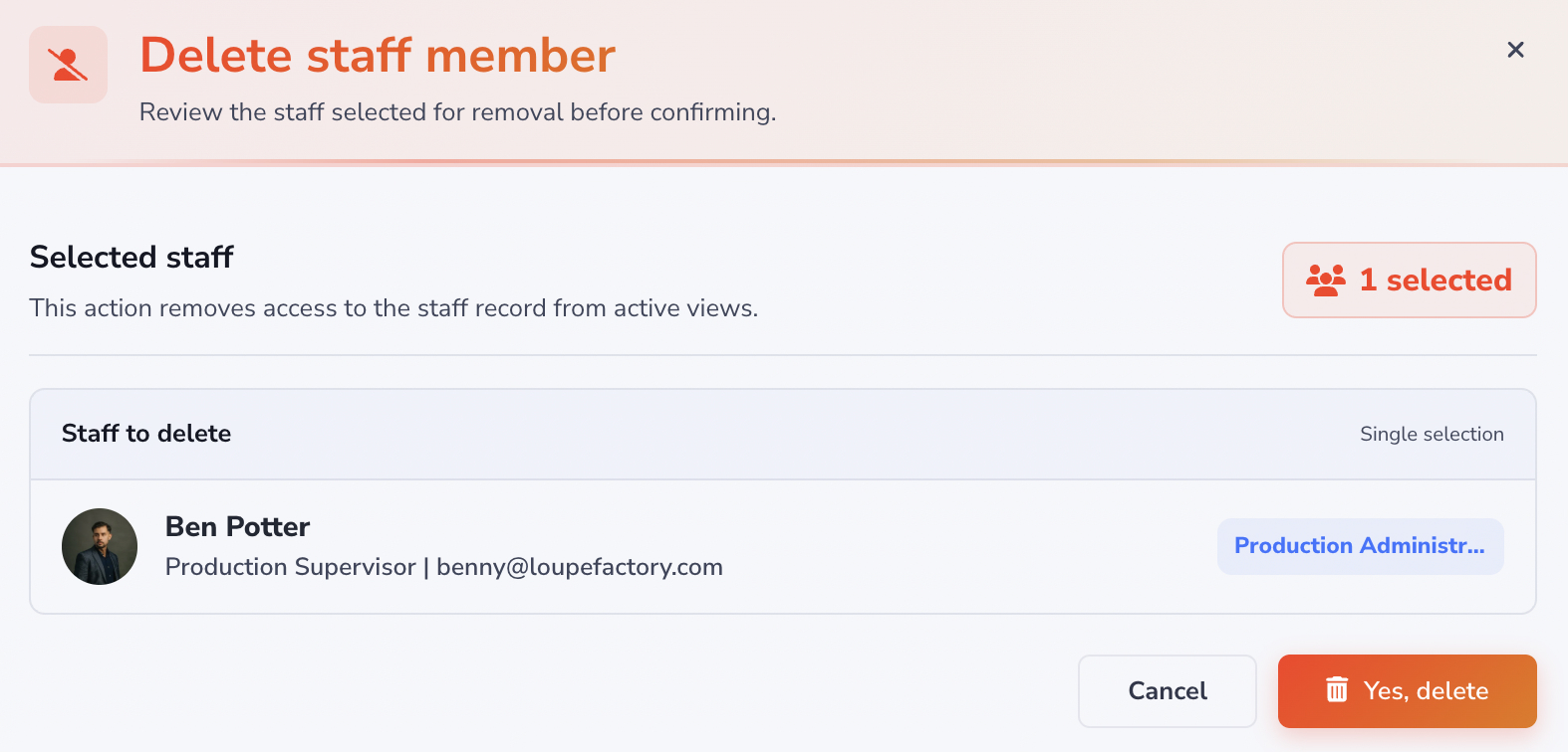 Loupe Factory Remove Staff confirmation modal asking the user to confirm staff removal.