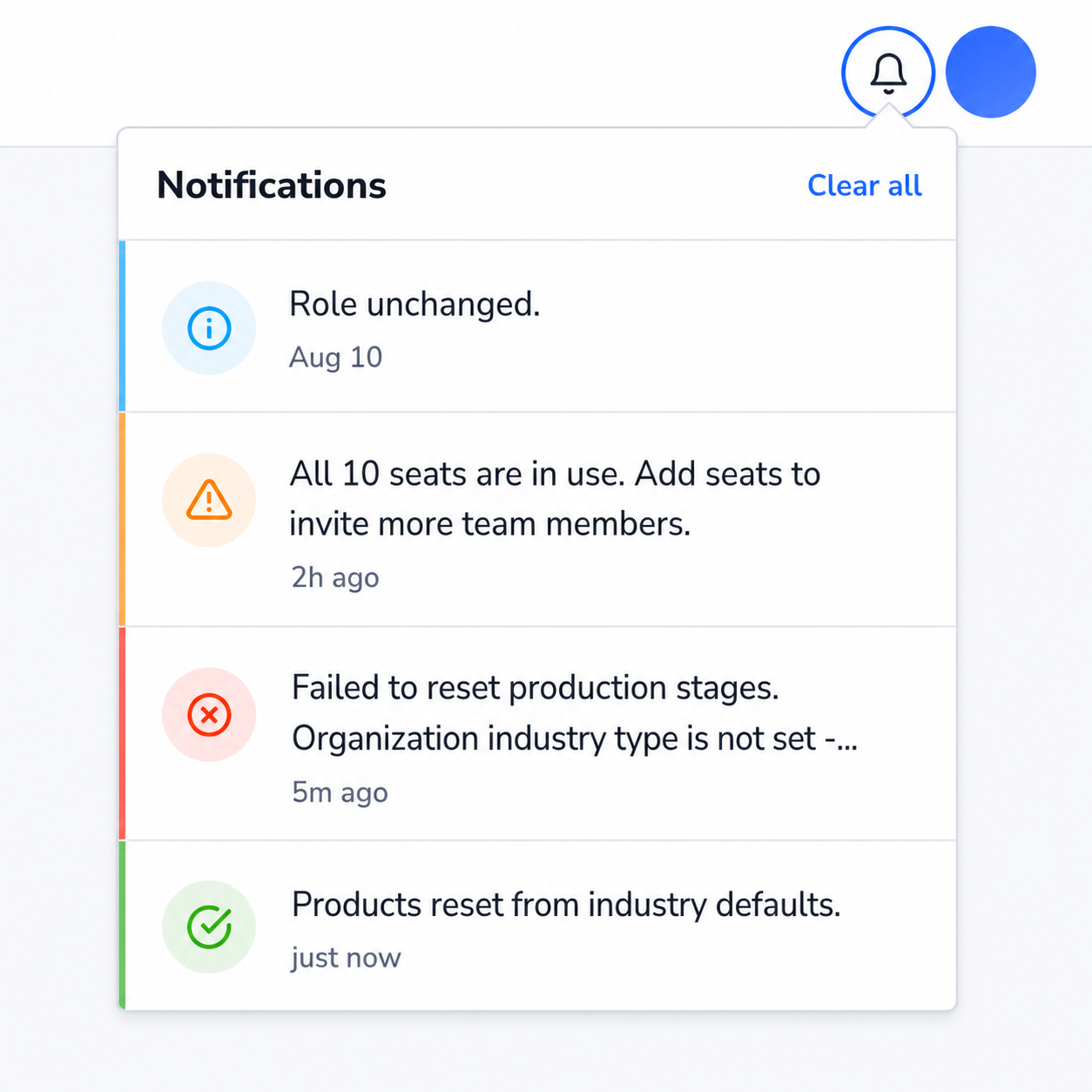 Loupe Factory notification bell open, showing Notifications, Clear all, and four messages: information, warning, error, and success, each with a timestamp.